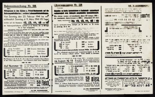 Announcement No. 218: Concerning lunch in the kitchen and private restaurants, food stamps and other food rations