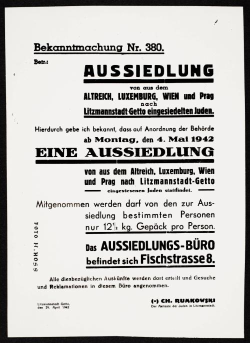 Announcement No. 380: Resettlement announcement: moving Jews from Altreich, Luxemburg and Prague to Lodz
