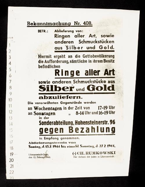 Announcement No. 408: Concerning legal deposit of all kinds of rings and other jewelry made of silver and gold, confiscation