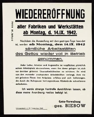 Announcement: reopening of factories and workshops from Monday 14.9.1942