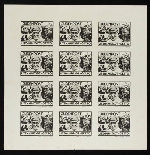 Judenpost Litzmannstadt Ghetto stamp 10pf - Sheet of 12 (of Chaim Rumkowski)