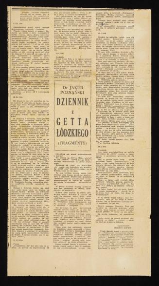 Newspaper clipping with excerpts from Dr. Jakub Poznanski's "Diary of the Lodz Ghetto"