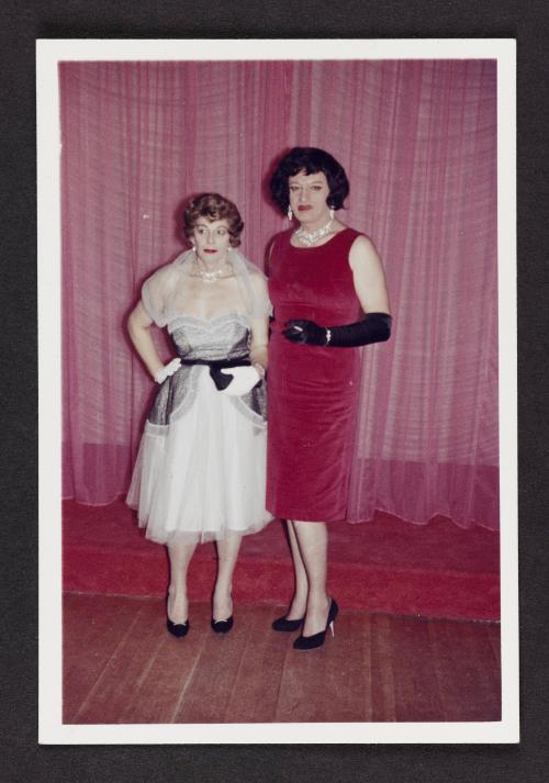 [Anita and Gloria standing by the stage at the Chevalier d’Éon, Hunter, NY]
