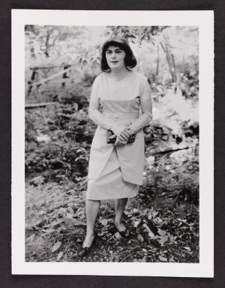 [Audrey with lace gloves and a clutch outside, Chevalier d’Éon, Hunter, NY]
