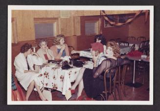 [Gail dressed as Raggedy Ann sitting at a table with five friends, Halloween Party, Chevalier d'Eon, Hunter, NY]
