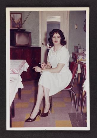 [Lee in a white dress, Chevalier d’Éon, Hunter, NY]
