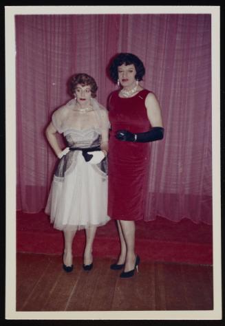 [Anita and Gloria standing in front stage, Chevalier d'Eon, Hunter, NY]
