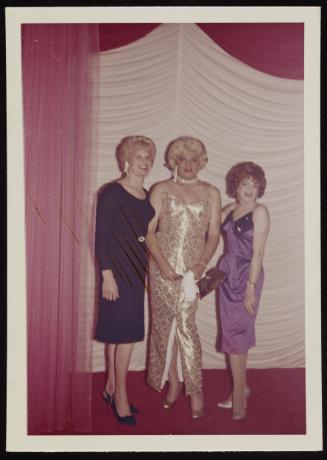[Gloria, Susanna, and friend posing on stage, Chevalier d'Eon, Hunter, NY]
