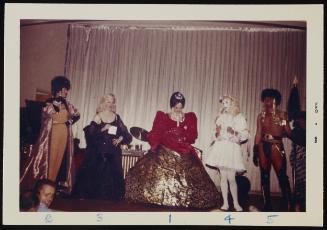 [Paris (?) Ball Finalists: 1. Catherine the Great; 2. Gigi; 3. Jane Mansfield; 4. From Alice in Wonderland; 5. Genghis Kahn]
