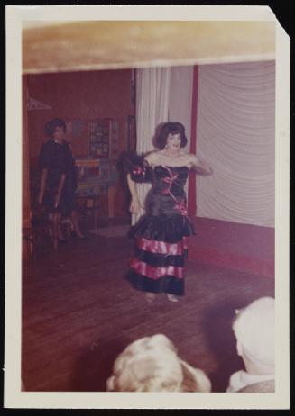 [Susanna performing in black and pink dress, Chevalier d'Eon, Hunter, NY]
