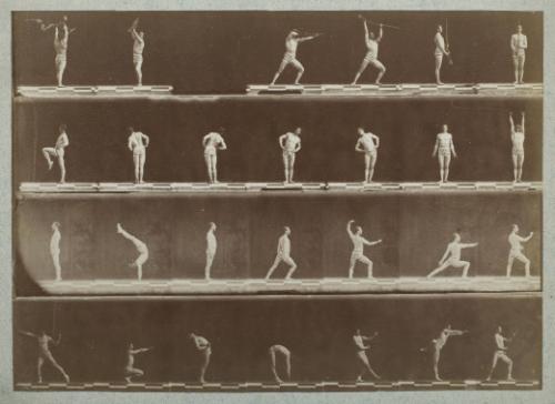 Four studies of Demeny in military, stretching, fencing and stretching movements